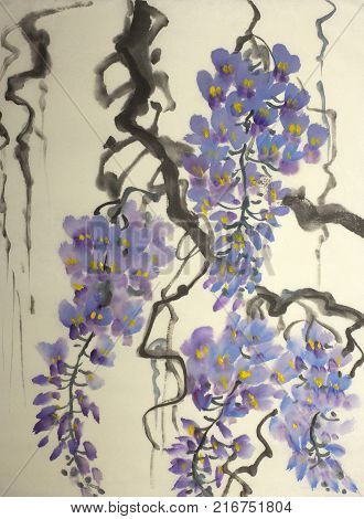 Tender flowering wisteria painted in Chinese style