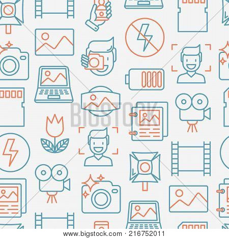 Photography seamless pattern with thin line icons of photographer, film, crop, flash, focus, light, panorama. Vector illustration.