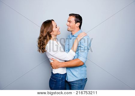 He Vs She Happy Together. Close Up Portrait Of Attractive, Caucasian, Lovely, Cute, Adult Couple In