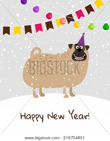 Happy New Year dog card, with snow and flag garlands, vector illustration