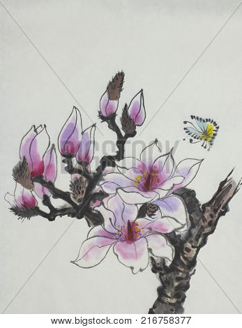 Bright branch of blossoming magnolia painted in Chinese style