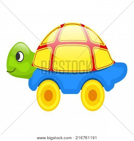 Cute toy turtle with yellow shell, blue bottom and green head on wheels isolated vector illustration on white background.