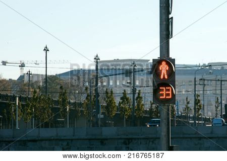 Pedestrian red traffic stop laght. City buildings in the background.