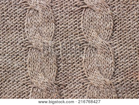 Knitted background. Knitted texture. A sample of knitting from wool. Knitting Pattern.
