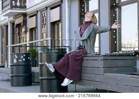 Happy Woman in the City. Copy Space