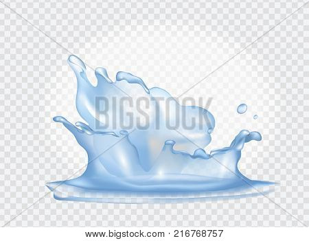 Closeup of water splash with drops, fresh and pure, clrear aqua represented on vector illustration isolated on transparent background