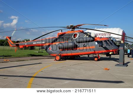 Moscow Region Russia - July 21 2017: Helicopter Mi-171Sh at the International Aviation and Space Salon (MAKS) in Zhukovsky.