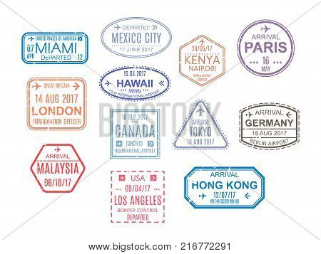 Template stamps, seals. Marks from airport, watermarks, international travel document, document with visas. Travel, vacation, immigration Vector illustration isolated