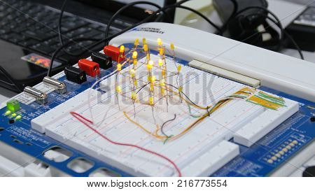 Electric Circuit With Flashlights. Electric Diode Glowing Neon Light Bulb. Close Up Of Array Of Led 
