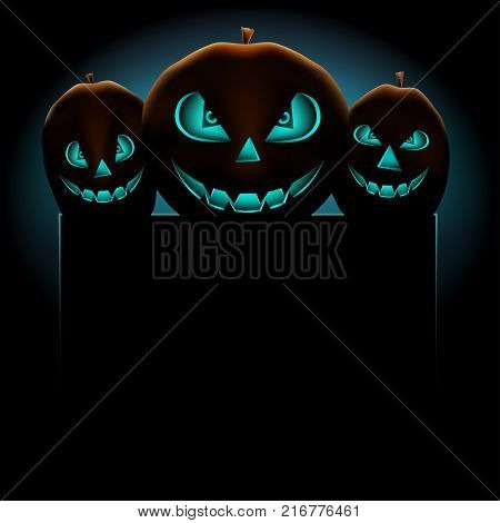 Halloween blue pumpkins scary terrible empty template for text message on dark background. Smiling pumpkin plant face