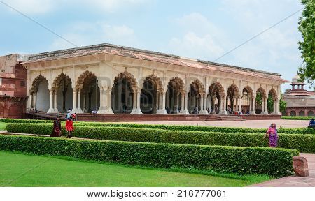 Agra India - Jul 13 2015. Diwan-i-Aam Palace of the Agra Fort in Agra India. The fort was main residence of the emperors of the Mughal Dynasty till 1638.
