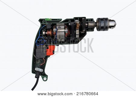 Electric drill in the section is visible stator rotor collector and other elements of the device insulation