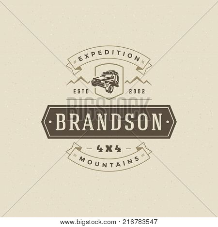Off road car logo emblem vector illustration. Outdoor extreme adventure expedition, safari suv silhouette shirt, print stamp. Vintage typography badge design.