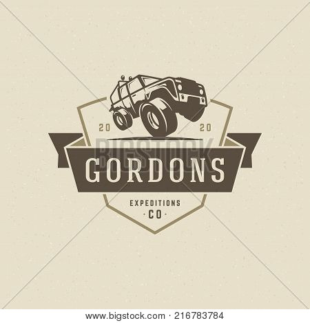 Off road car logo emblem vector illustration. Outdoor extreme adventure expedition, safari suv silhouette shirt, print stamp. Vintage typography badge design.