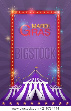 Vector Template For Holiday With A Tent And Fireworks. Carnival And Fun.