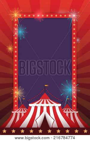 Vector Template For Holiday With A Tent And Fireworks. Carnival And Fun.