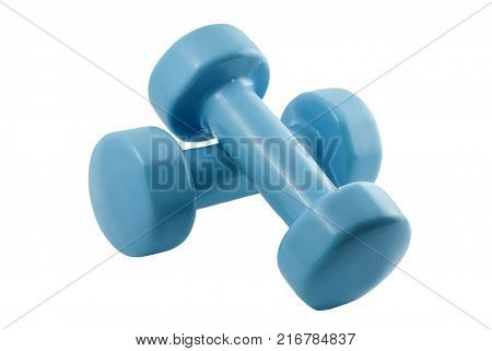 pair of light blue dumbbells for fitness isolated