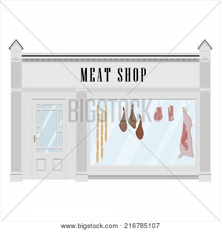 Vector illustration butcher meat shop facade icon. Sausages, beef carcass and steak. Butchery.