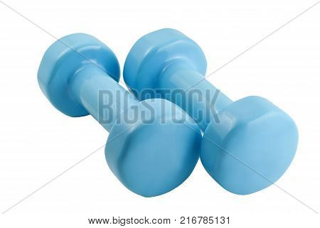 pair of light blue dumbbells for fitness isolated