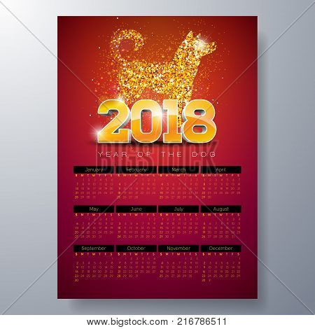 Vector Calendar 2018 Template Illustration with Gold 3d Number, Christmas Ball and Light Garland on Shiny Background. Week Starts on Sunday