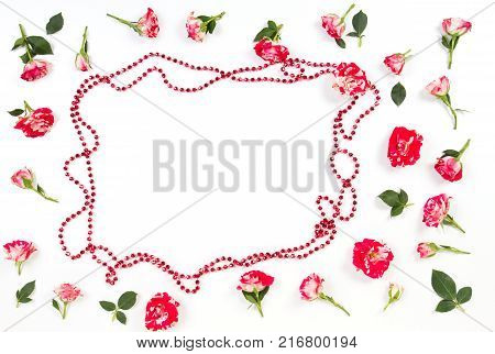 Flowers composition. Frame made of fresh roses. Flat lay, top view