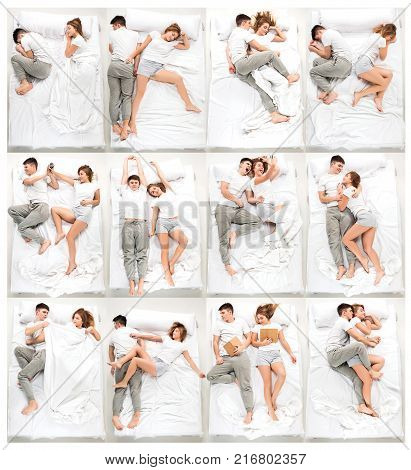The young lovely couple lying in a white bed, love lconcept, top view. Collage