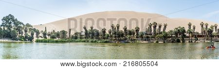 Huacachina Peru - August 2017: Oasis of Huacachina and the desert in Ica region Peru.