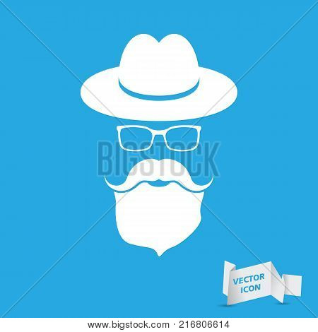whie hat with mustache, beard and glasses isolated on a blue background