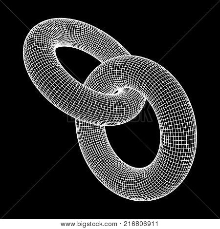 Wireframe polygonal element. 3D Torus chain with lines and dots abstract vector background