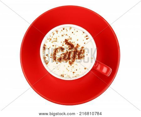 Close up one latte cappuccino coffee with CAFE word shaped chocolate milk topping in red cup with saucer isolated on white background elevated top view directly above