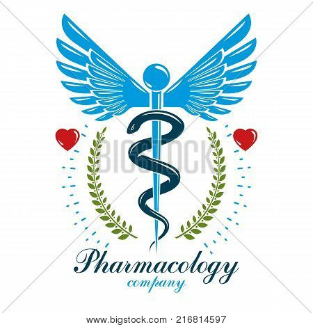 Aesculapius vector abstract business logo for use in medical treatment. Cardiovascular system diseases prevention conceptual emblem.