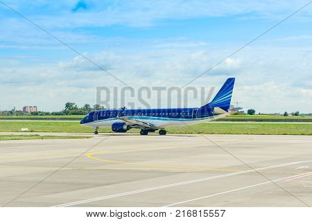 Boryspil Ukraine - 23 August 2017: Aircraft of Embraer E190 ready for take-off from the runway of Boryspil airport