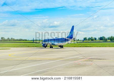 Boryspil Ukraine - 23 August 2017: Aircraft of Embraer E190 ready for take-off from the runway of Boryspil airport