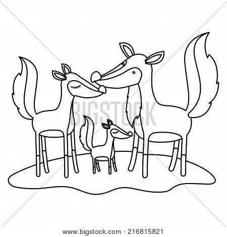 cartoon fox couple and cub over grass in monochrome silhouette vector illustration
