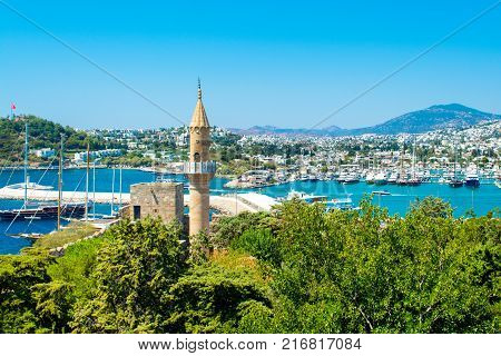 Bodrum Turkey - 01 September 2017: Beautiful Mediterranean landscape of Bodrum bay view from Bodrum castle to the old town and mosque
