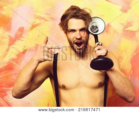 Caucasian Bearded Sexy Macho Man Holding Red Packages Or Bags