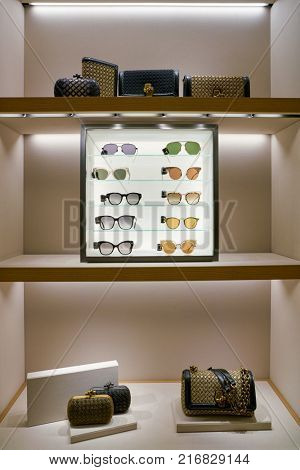 ROME, ITALY - CIRCA NOVEMBER, 2017: Bottega Veneta products sit on display at a second flagship store of Rinascente in Rome.