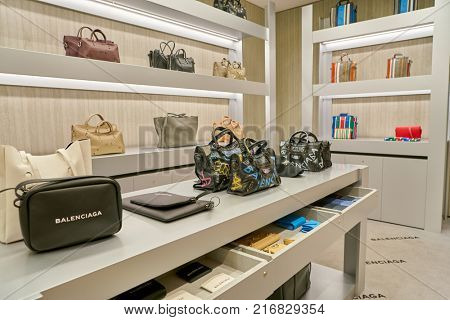 ROME, ITALY - CIRCA NOVEMBER, 2017: Balenciaga bags on display at a second flagship store of Rinascente in Rome.