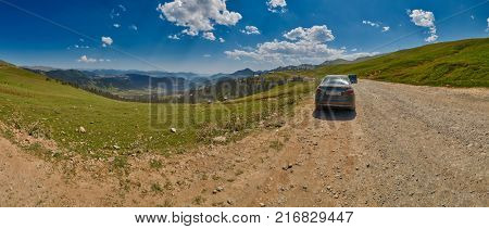 ADJARA, GEORGIA - 08 AUGUST 2017: High-Resolution Panorama of Batum-Akhaltsikhe unpaved mountain road 