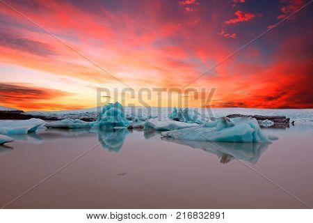 Solheimajokull Glacier in Iceland at sunset