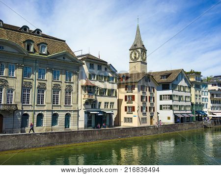 Zurich Switzerland - 21 May 2017: Clock tower of the St. Peter Church in Zurich Switzerland 21 May 2017