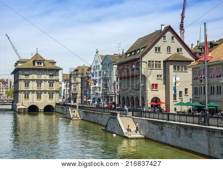 Bern Switzerland - 21 May 2017: View across River Aare with Untertor Bridge Bern Switzerland 21 May 2017