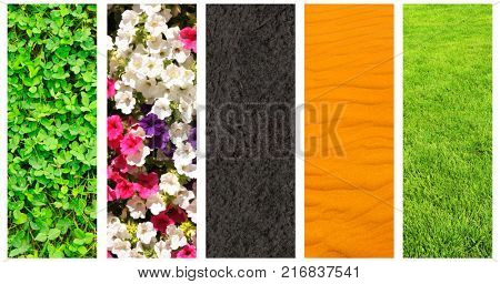 Collection of vertical banner with nature details - flower, sand, clower, sky, cloud, grass, soil