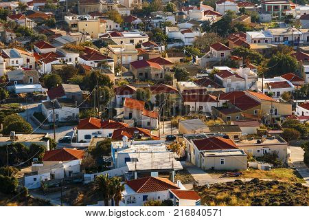 PSARA, GREECE - NOVEMBER 9, 2017: Evening view of Psara village from a nearby hil on November 9, 2017l.