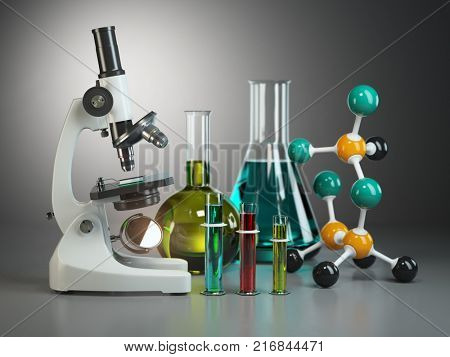Microscope with flasks, vials and model of molecule. Chemistry or medical pharmaceutical labratory tools. 3d illustration