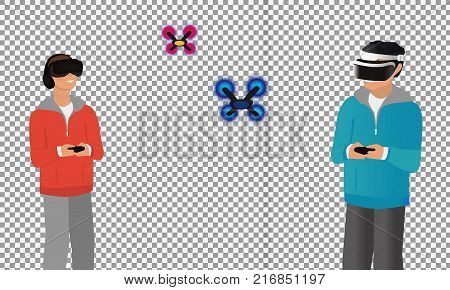 A man flying drone with remote control on transparent background. Drone racing concept. Vector flat design illustration. -stock vector