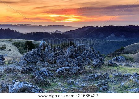 Sunset Views from Black Mountain Looking West. Monte Bello Open Space Preserve, Santa Clara County, California, USA.