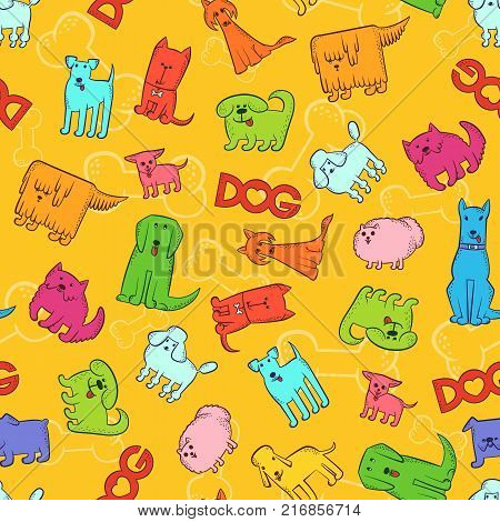 Vector bright seamless pattern of different cartoon dog breeds. Funny caricature animals characters. Contour colorful kids sketch illustration background. The inscription and heart
