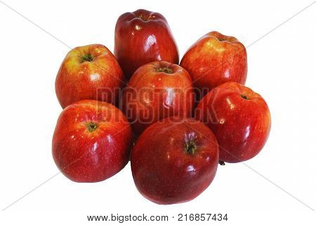 Apples. Seven pieces. The color is dark red dark yellow. Brilliant ripe with small dots. The background is white. Isolated.