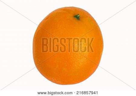 One piece round orange. Color yellow-red. Zedra with pimples. Tail of green color. Background white isolated.